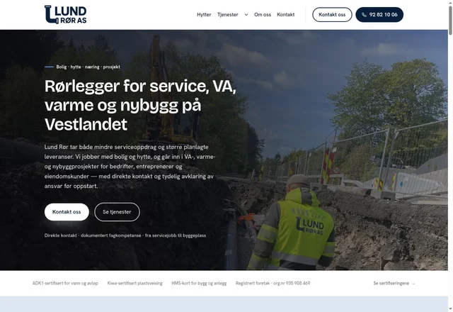Skjermbilde av nettsiden til Lund Rør